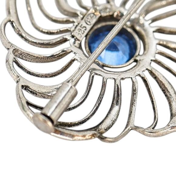 Vintage-Style Sterling Silver 925 Marcasite Flower Brooch - Blue Center, 1.5” - Picture 5 of 9